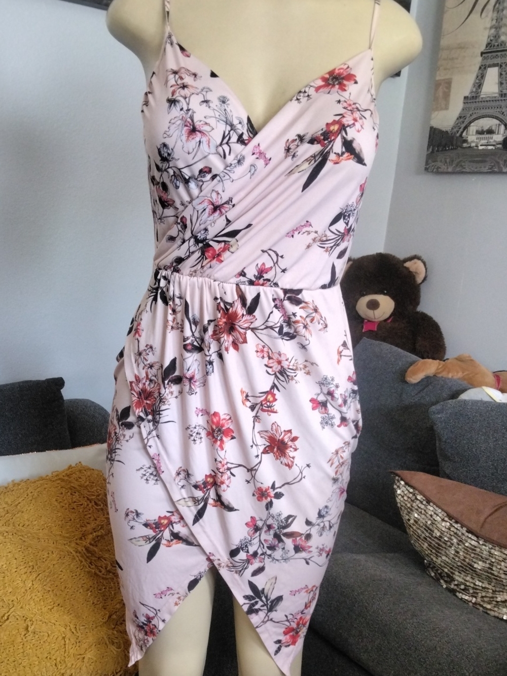 Floral Pink Wrap-Front Spaghetti Strap Dress